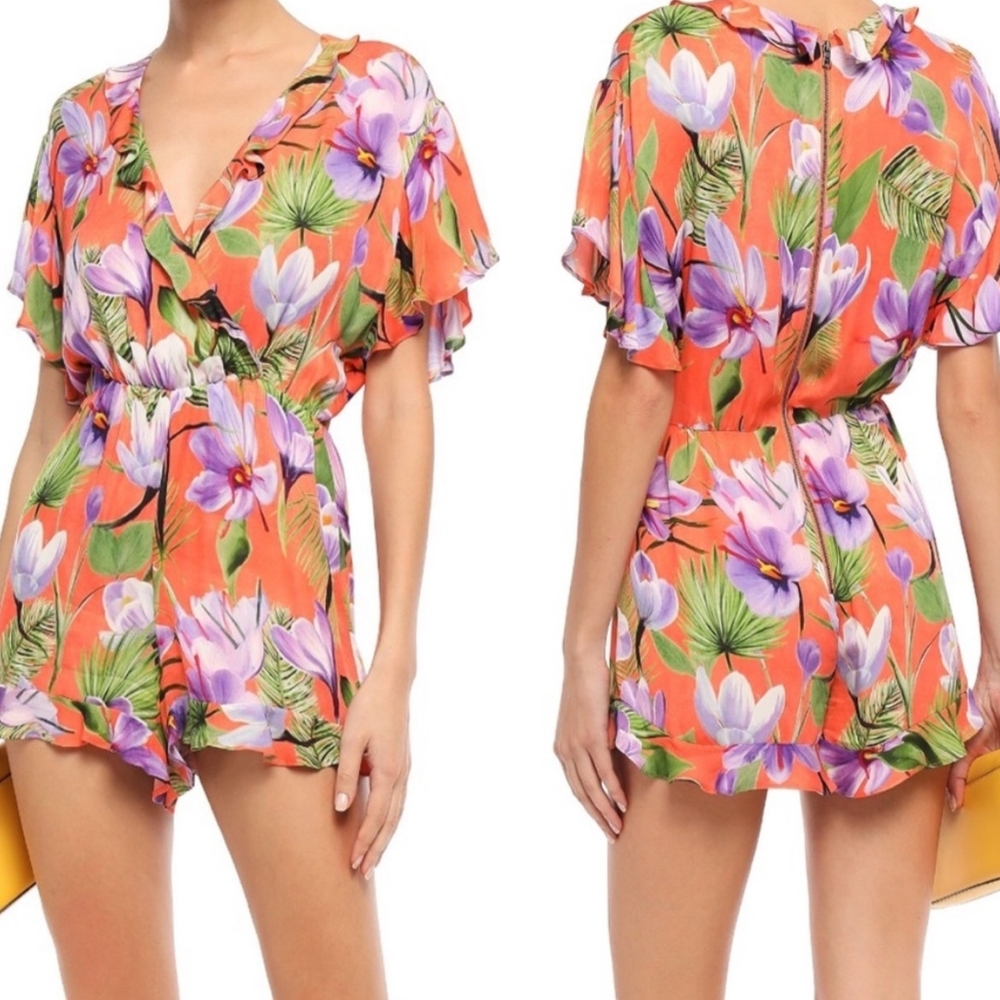 Alice + Olivia Coral Floral V-Neck Romper with Purple Flowers